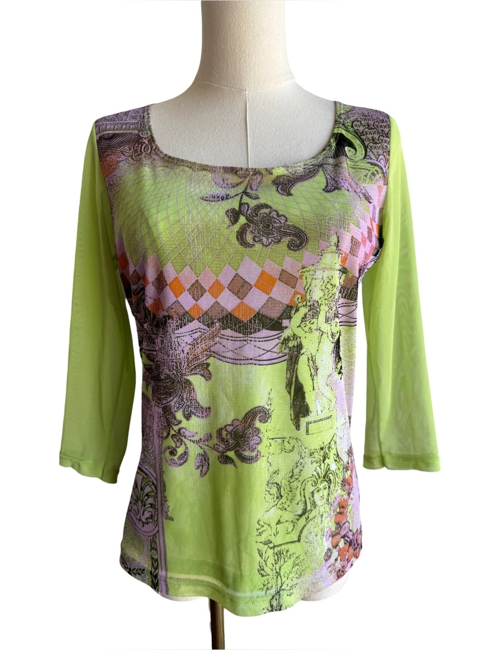 Donna Y2K Lime Green Graphic Print Top Medium Sheer Mesh Tie Back Artsy Grunge